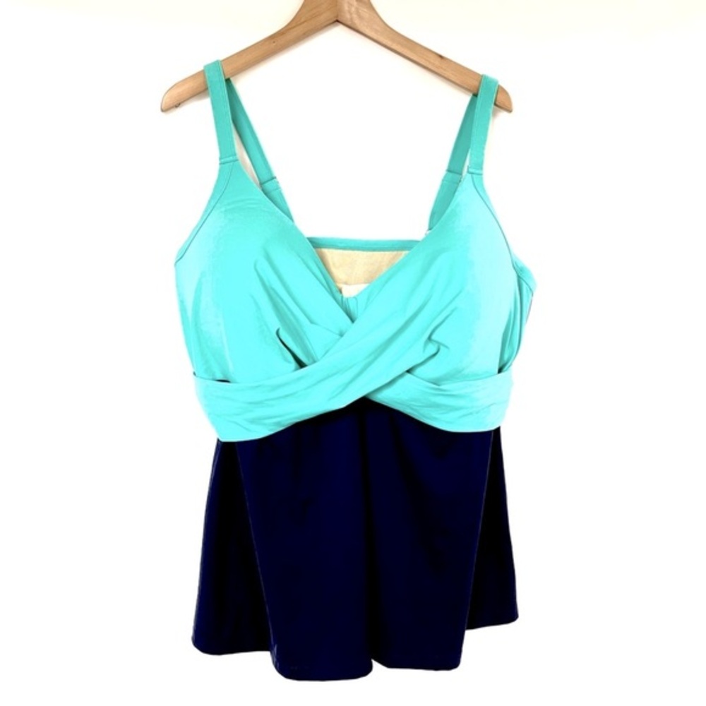 NWT Swimsuits for All Tankini Top Swimsuit Plus Size 46DDD Navy Aqua Turquoise